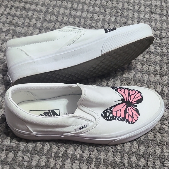 Vans White Slip-On Sneakers‎ Hand Painted Pink Butterfly Design 7 - Picture 4 of 13